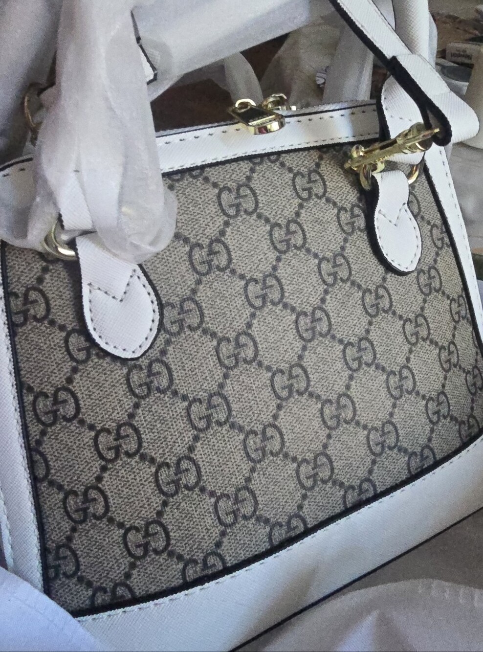 Super Canvas Summer Whitr Beige GG Canvas Satchel w/White Trim Crossbody Strap - Picture 4 of 17